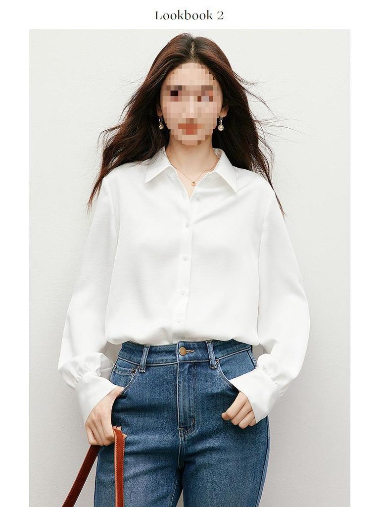 Hongxiu 2025 Glossy Lapel Drape Acetate Top - Spring/Autumn Women's Fashion Shirt