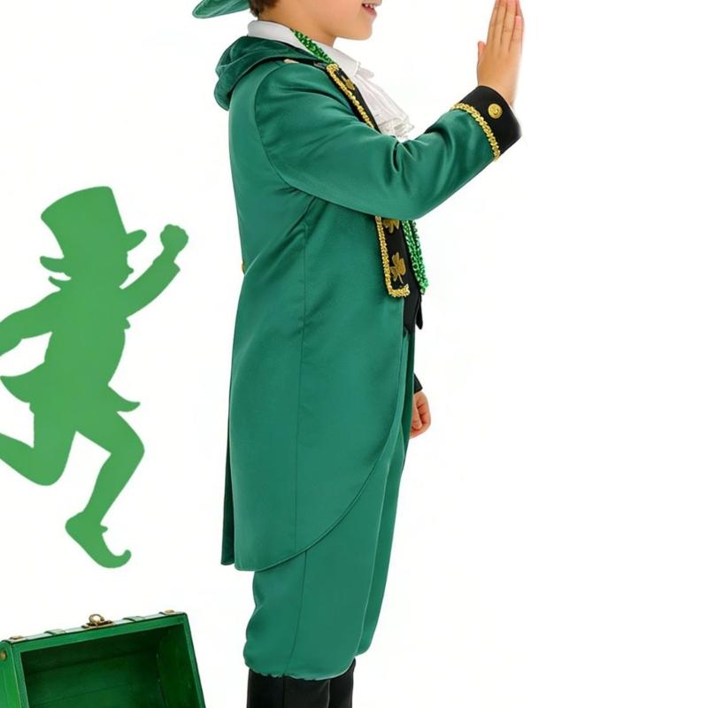 Irish Lucky Shamrock Kids Show Costume Set With Hat Vest Scarf And Pants Cosplay Outfit For Patrick Day Dance
