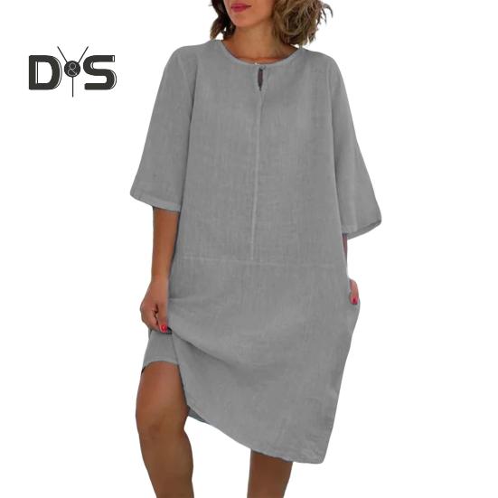Lockeres Hemdkleid aus Baumwollleinen für Damen, lässiges Midikleid mit 1/2-Ärmeln und Rundhalsausschnitt, Sommerurlaub, Strand, Sommerkleid