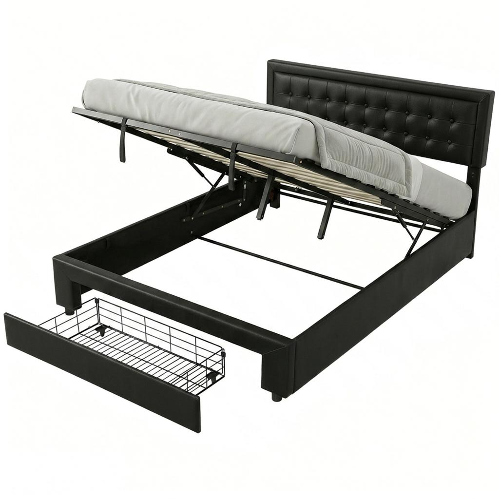 PU Leather King Size Ottoman Bed Frame, with Front Drawer - Black