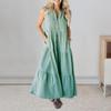 Summer Women Dress Sleeveless A-line V Neck Striped Print Single-breasted Side Pockets Big Swing Buttons Shirt Type Pleated Patc