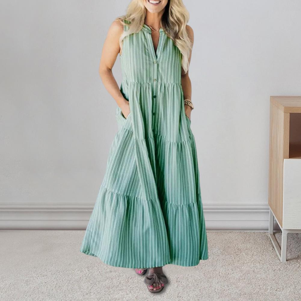 Summer Women Dress Sleeveless A-line V Neck Striped Print Single-breasted Side Pockets Big Swing Buttons Shirt Type Pleated Patc