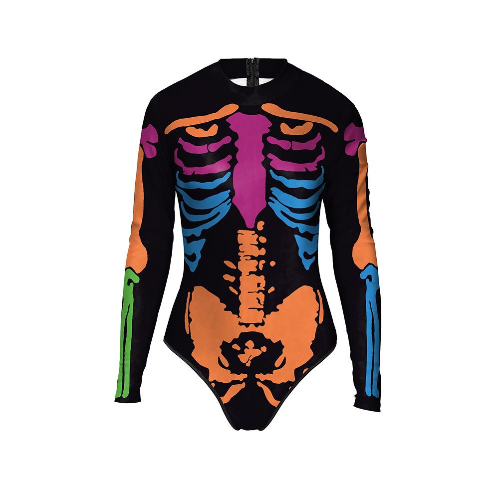 Halloween Carnival Colorful Skeleton Print Women's Skinny Gymnastics Suit Long Sleeve Swimsuit Women