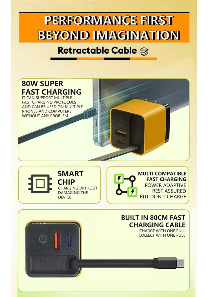 Dual Port Foldable GaN Charger with Retractable Cable for Fast Charging Apple, Huawei, Xiaomi Devices
