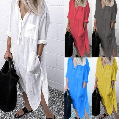 Hemdkleid Unifarben Seitenschlitz Frühling Sommer Temperament Locker geschnitten Langes Kleid für den Alltag