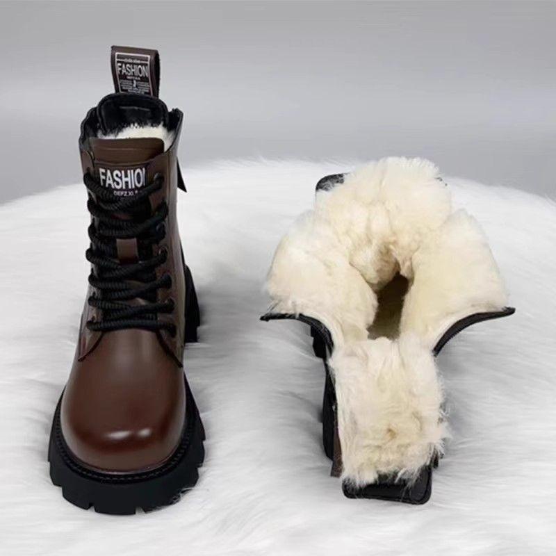 Fleece thickened large cotton boots for women, spring new warm fashion boots British thick-soled non-slip thick-heeled Martin boots