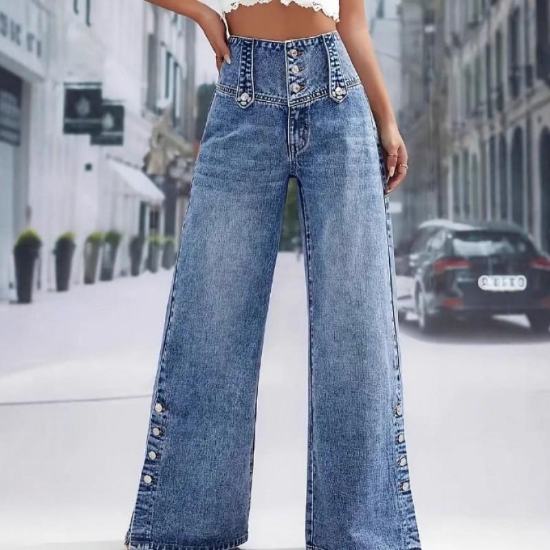 High Waist Wide Leg Denim Pants Women With Vintage Button Detail Relaxed Fit Stretchy Cotton Blend