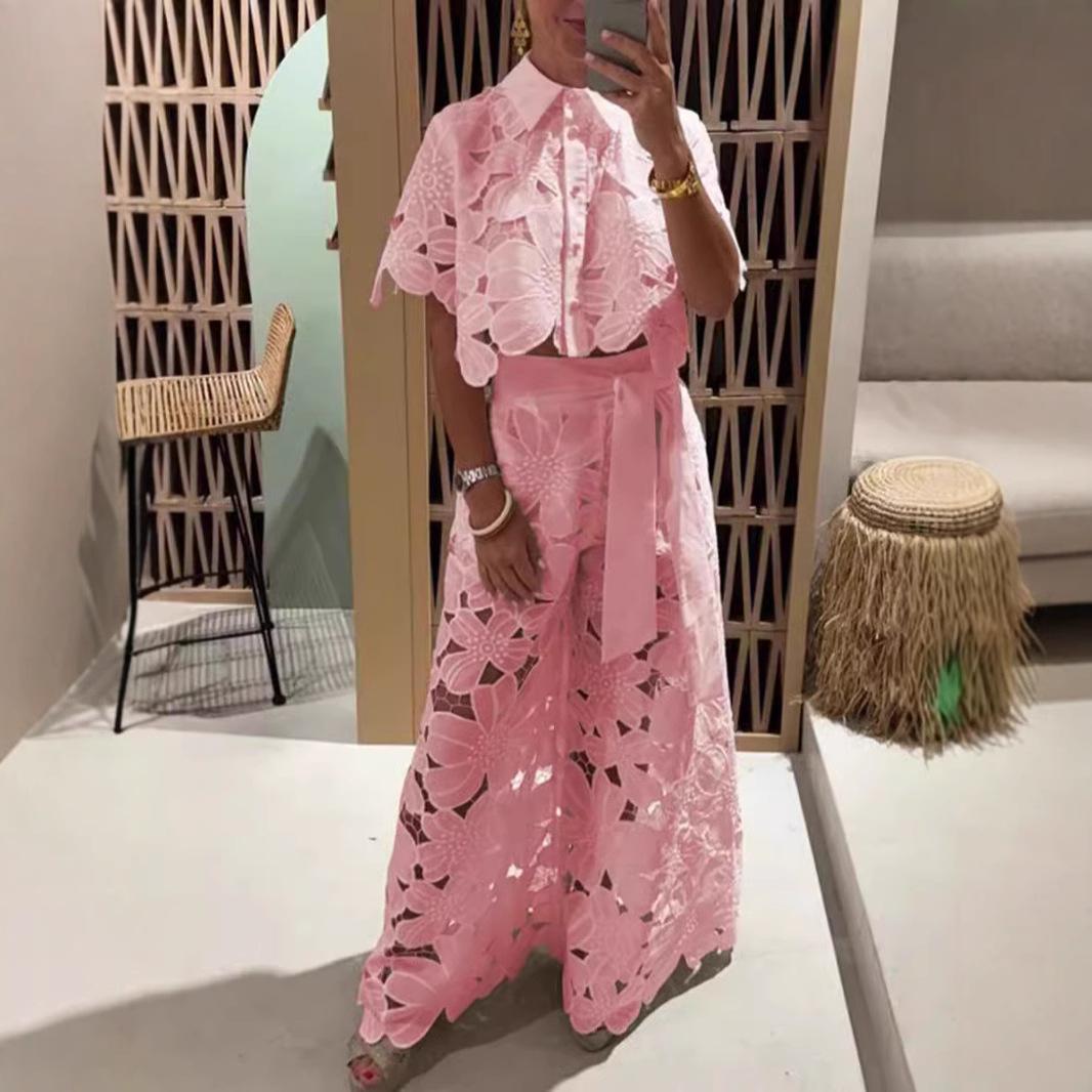 

Женский весенний элегантный укороченный топ с лацканами и короткими рукавами + широкие брюки, сексуальный комплект из 2 предметов XL розовый