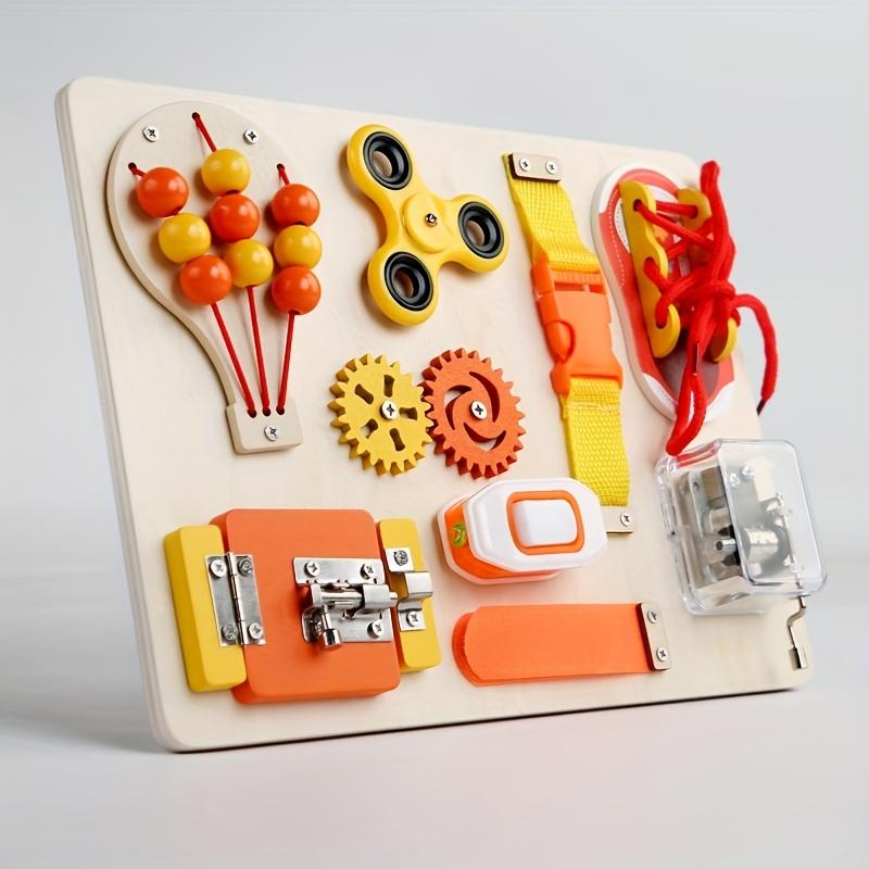 Wooden Hot Air Balloon Busy Board Sensory Play Toy with Locks, Gears Ropes, Orange Yellow Spring Theme, Ideal Birthday Gift for Youngsters