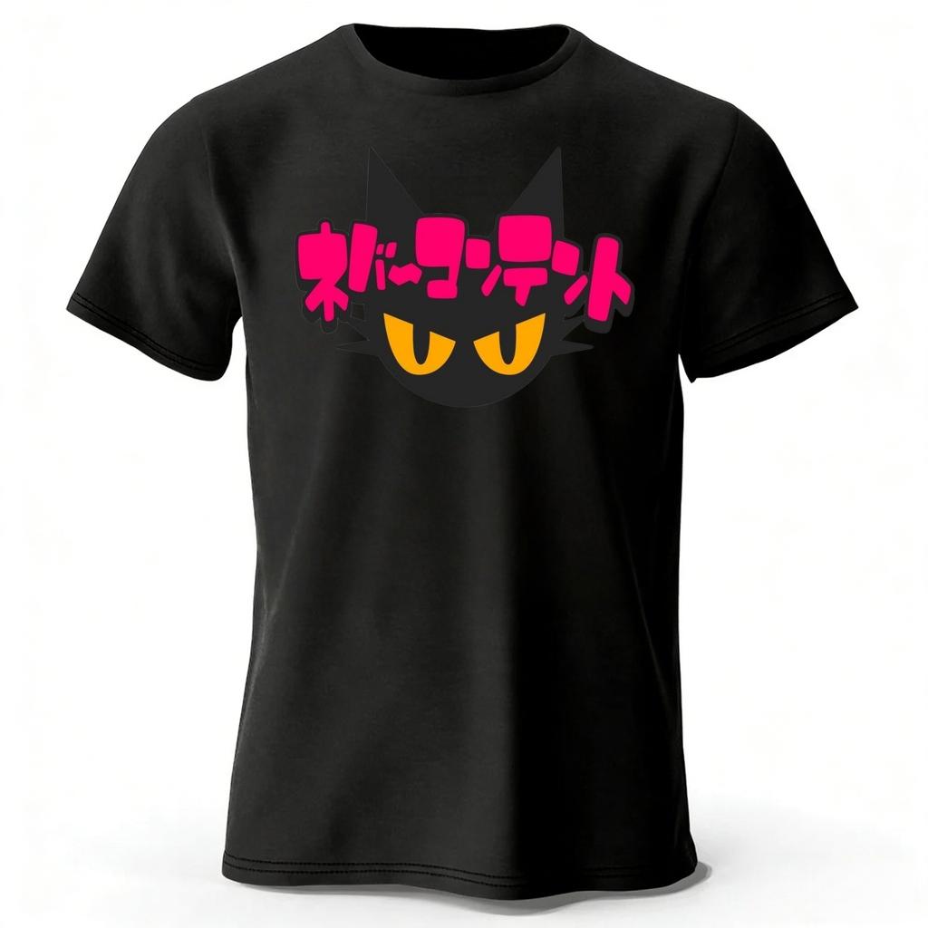 Japanese New Cyberpunk Neon Black Cat Pure Cotton Tshirt Mens Loose Oversized Short Sleeved Tshirt Casual Round Neck Top