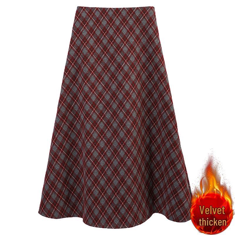 Fei Yuan Retro Velvet Plaid A-line Skirt for Women, Autumn Winter Fashion Large