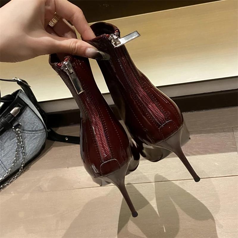 Eilyken Street Style Thin High Heels Ankle Boots Women Patent Leather Autumn Winter Zipper Shoes Sexy Banquet Prom Pumps