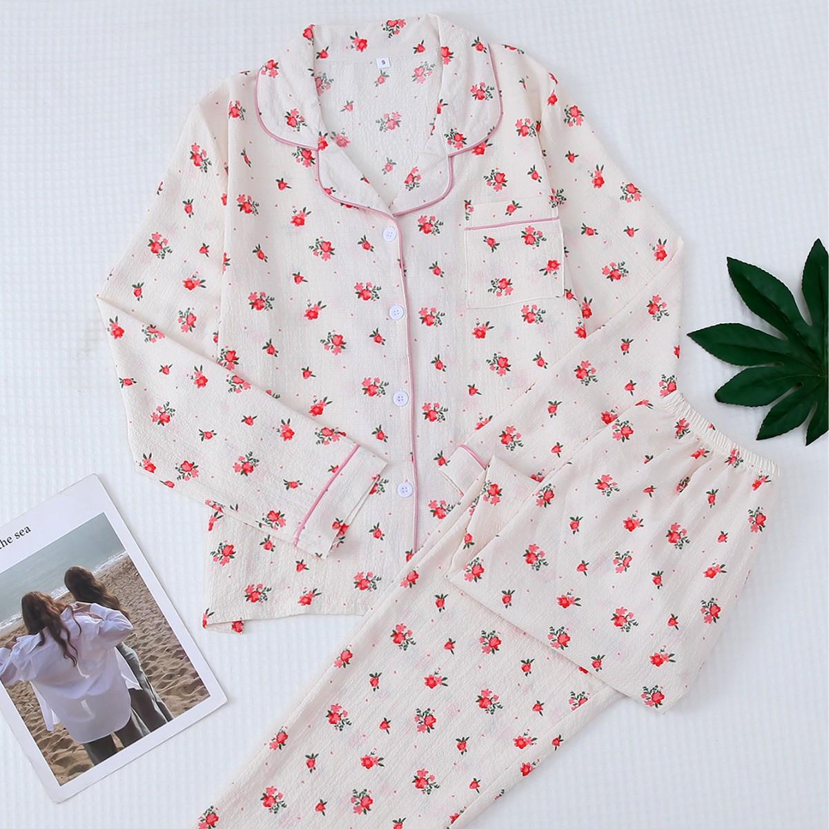 European and American Cross-Border Lapel Bubble Crepe Long Sleeve Pajamas (2026) S