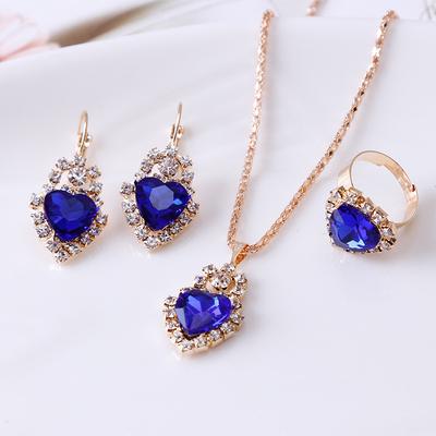 1set/4pcs (Necklace + Earrings + Ring) Fashion Love Crystal Pendant Clavicle Three-piece Set, Peach Heart Wedding and Bride Accessories