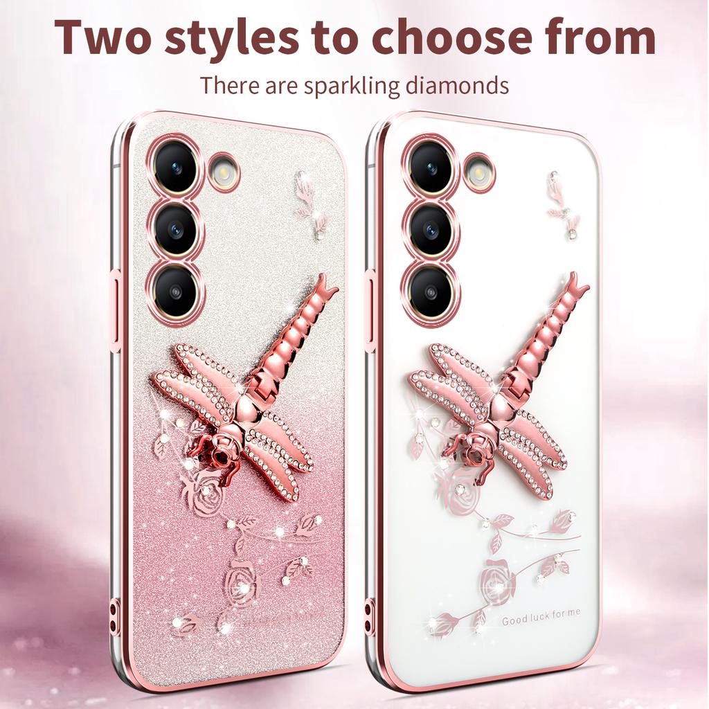 For Samsung Galaxy S23 Case Dragonfly Kickstand TPU Flowers Glitter Phone Cover