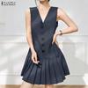 ZANZEA Women Elegant V-Neck Casual Sleeveless Pleated Dress