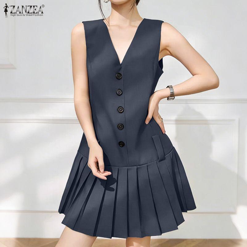 ZANZEA Women Elegant V-Neck Casual Sleeveless Pleated Dress