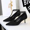French Style Pointed Toe High Heels Thin Heels Shallow Mouth Suede One-Line Buckle Mid-Heel Pedicure Single Shoes For Women