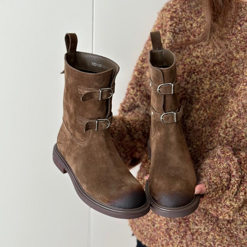 Sheepskin Version Retro Fashion Belt Buckle Western Cowboy Boots Slim Short Boots Women's Martin Boots Locomotive Boots