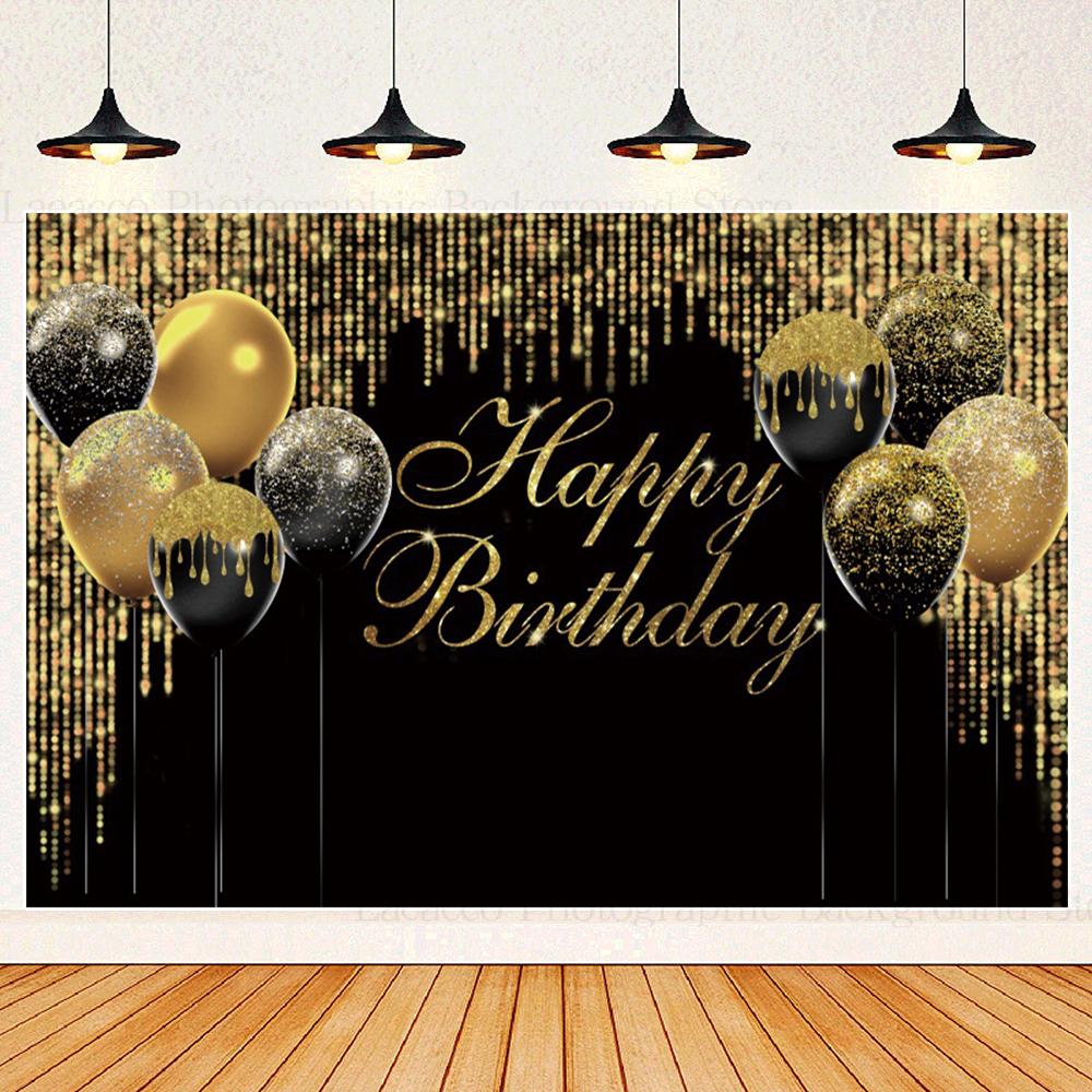 Happy Birthday Party Backdrops Black Gold Balloons Champagne Birthday Party Decor Banner Photography Background for Men Women