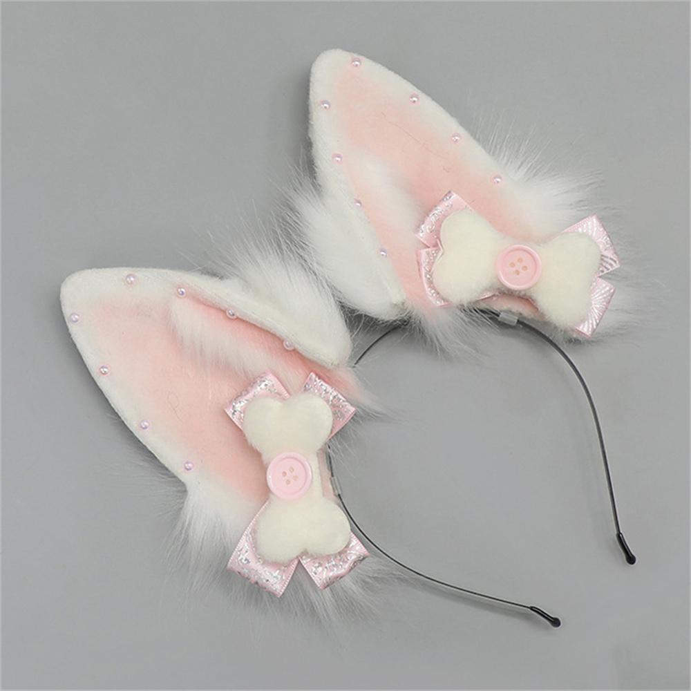 

Handmade Kitsune Ears Headband With Bowknot Plush Fox Ears Hairband For Lolita Furry Cosplay Anime Costume Accessories as show