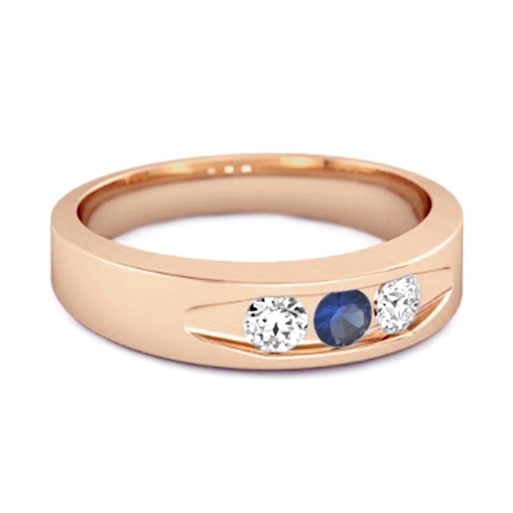 Blue Sapphire Three Stone Band Ring - 925  Sterling Silver Rose Gold Vermeil