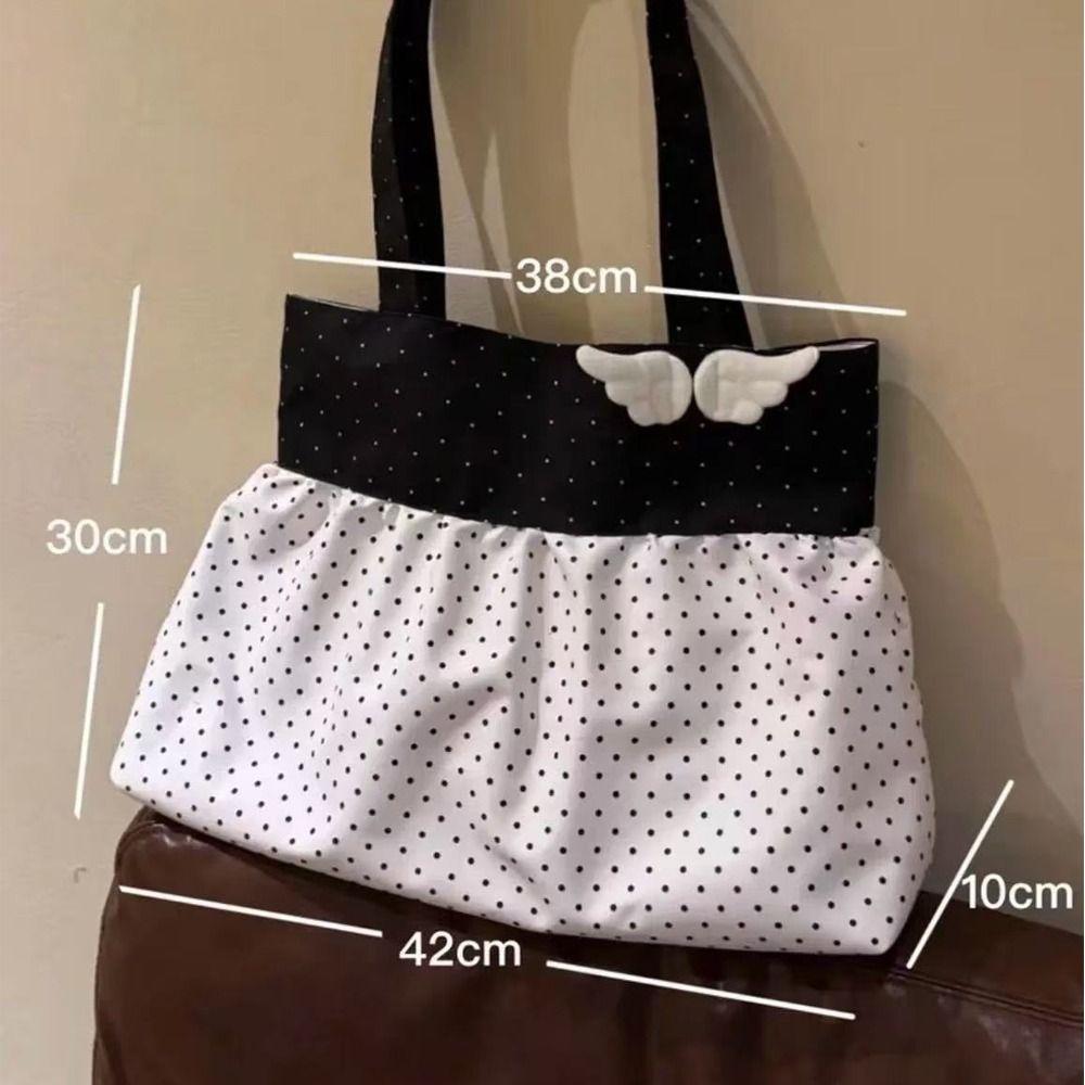 Fashion Large Capacity Polka Dot Tote Bag Wing Decor Polka Dot Wing Decor Shoulder Bag Lightweight Casual Shopping Bag Commuting
