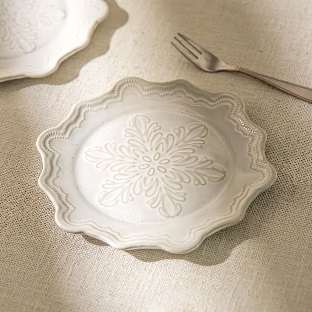 French Relief Plate, Dessert Plate, Snowflake Special-Shaped Plate, Household Ceramic Vegetable Plate, Tableware Plate, Western Food Plate.