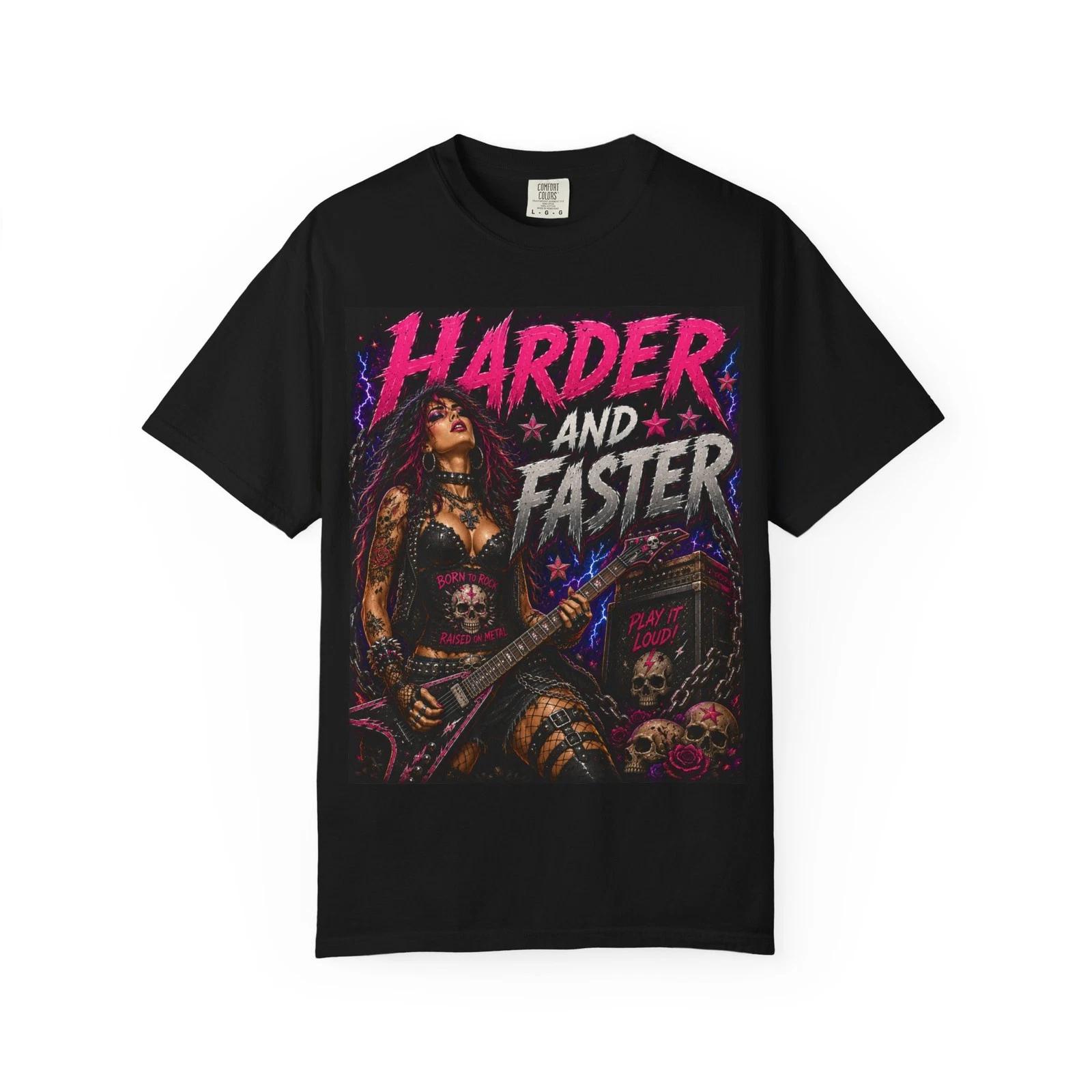 Harder and Faster Guitar Girl T-Shirt | Heavy Metal Rock Tee XL