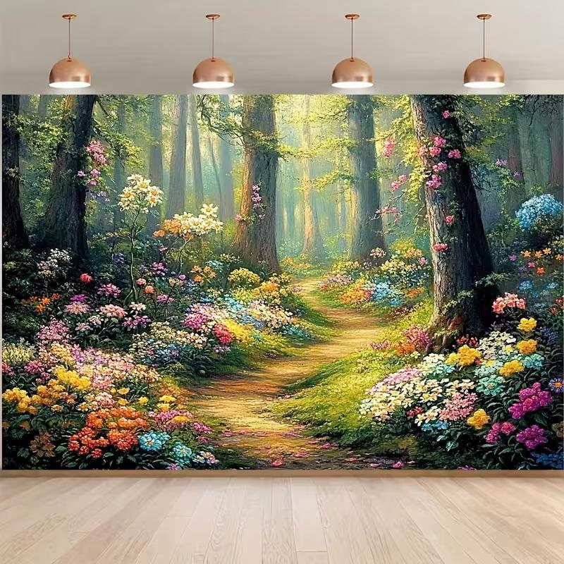 

2D Fairy Tale Forest Backdrop Vibrant Flowers Path Portrait Studio Background 47.2x31.5inch/120*80cm