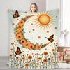 Newest Boho Sun Moon Daisy Butterfly Floral Flannel Throw Blanket, Soft Vintage Nature Blanket for Sofa Bedroom Home Decor