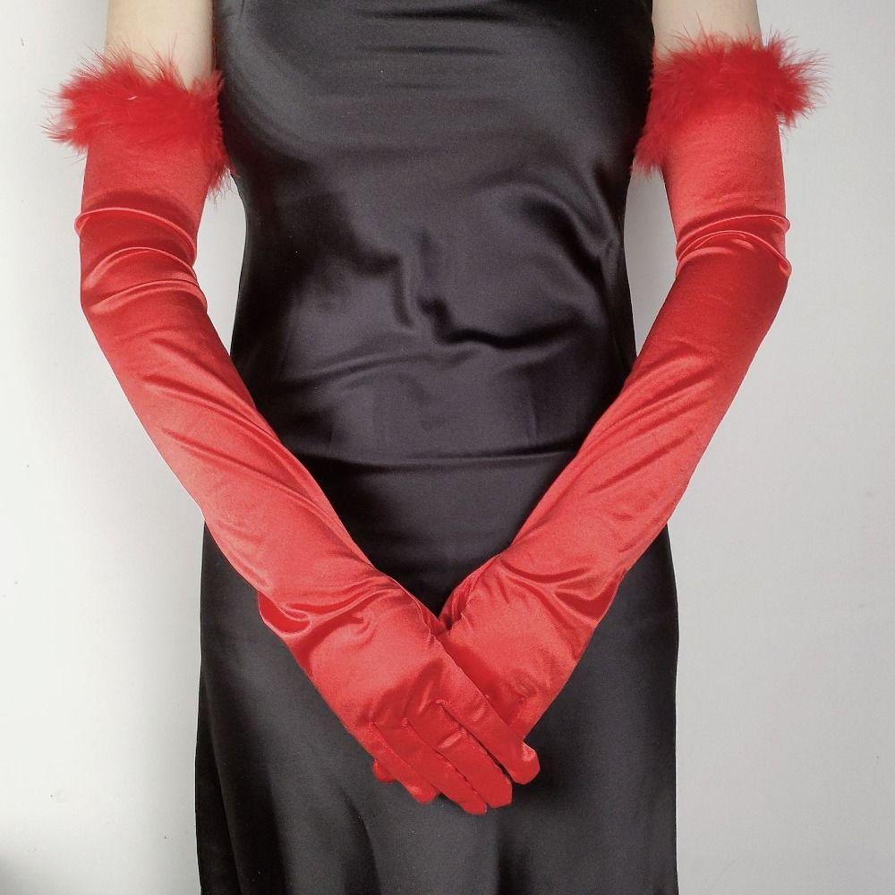 Satin Women's Long Fluffy Gloves Elegant Women Cosplay Gloves  Wedding Accessories