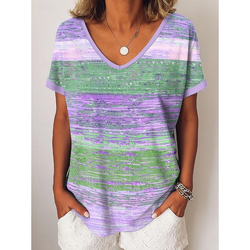 Women's T Shirt Graphic Geometric Striped Vintage Casual Short Sleeve V Neck Regular Tops