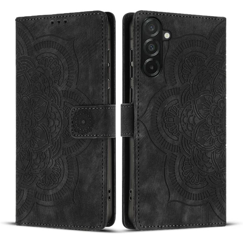 

For Samsung Galaxy S25 FE Leather Case WANLONFENG HDM Series Mandala Imprint Wallet Stand Phone Cover Black