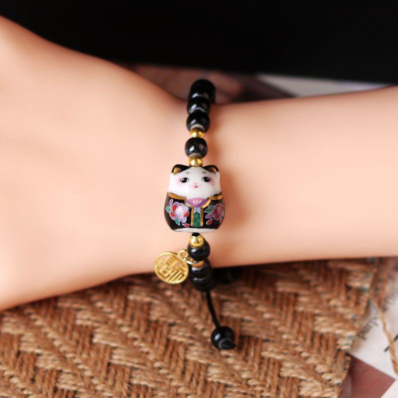 Chinese Style Cute Charm Sweet Cartoon Design Sense Ceramic Fortune Cat Fu Bracelet Originality Wish Men Women Trend String