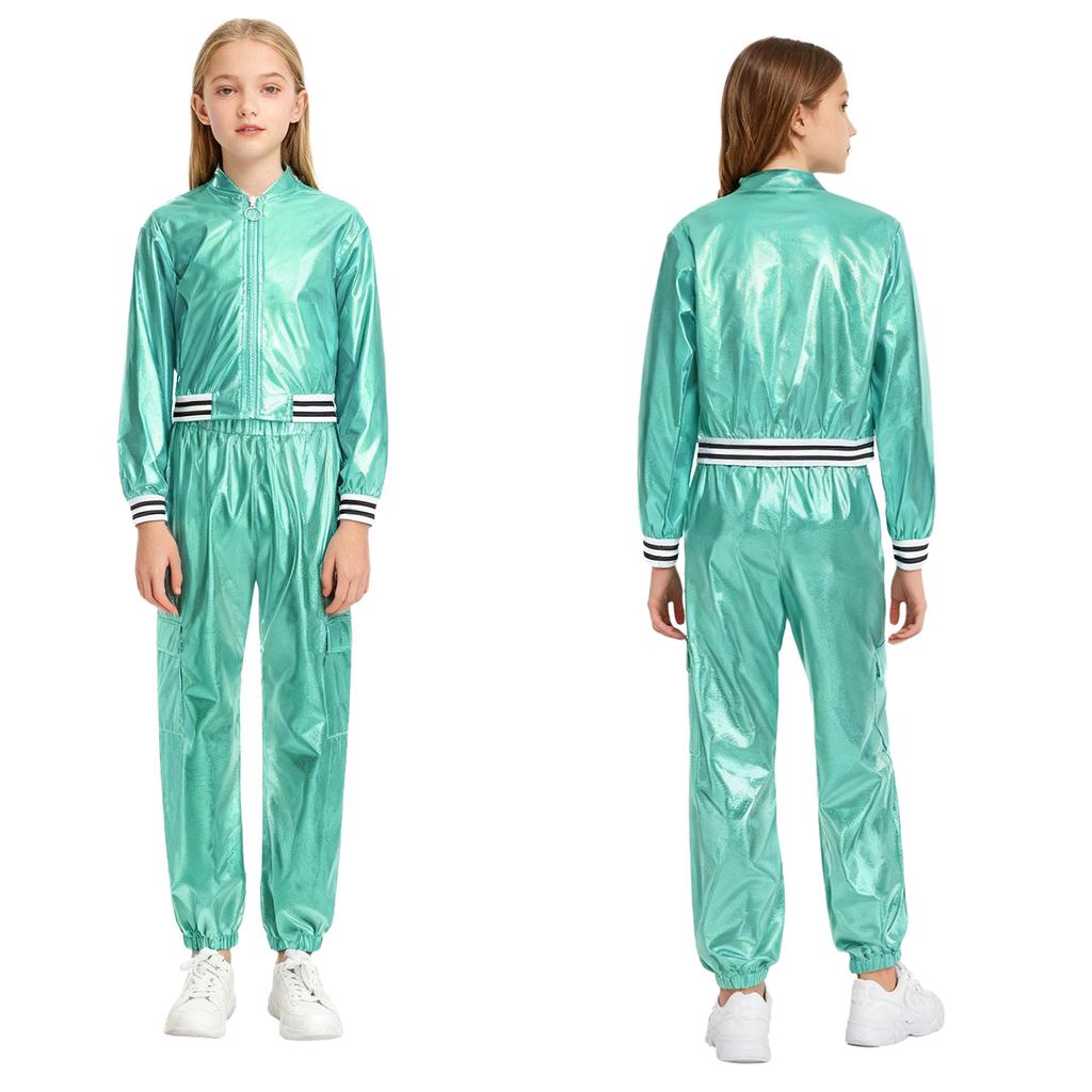 Kids Girls Hip-Hop Jazz Dance Costume Complete Set: Metallic Zipper Jacket & Pants, Stand Collar Long Sleeve Stage Outfit