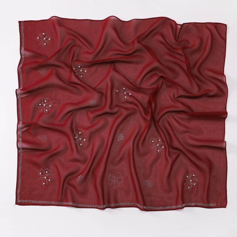 Pearl Chiffon Clover Rhinestone Beaded Ethnic Square Scarf For Women
