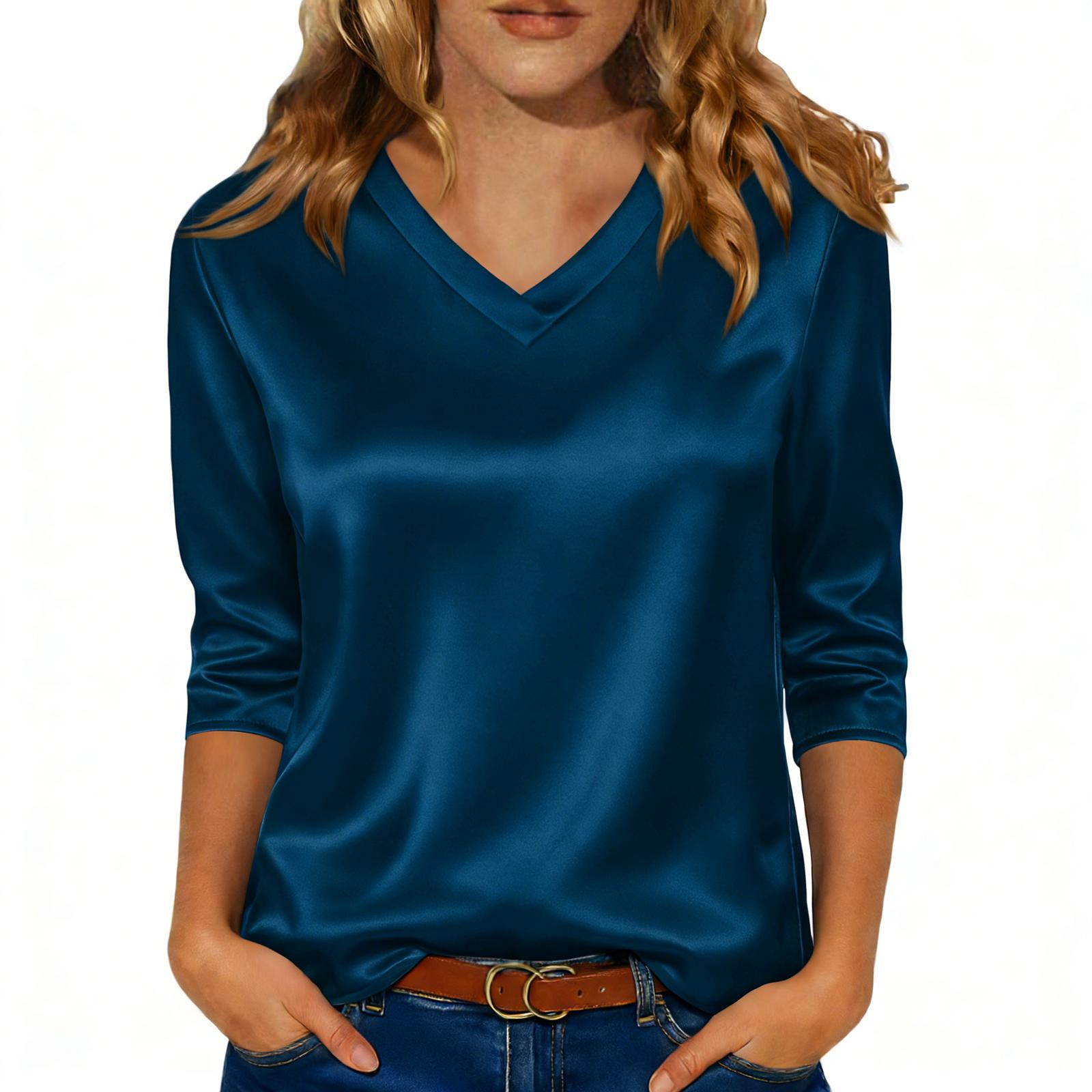 

Блузка для женщин нарядная с рукавом 3/4, рубашки для делового кэжуал, топы S синий