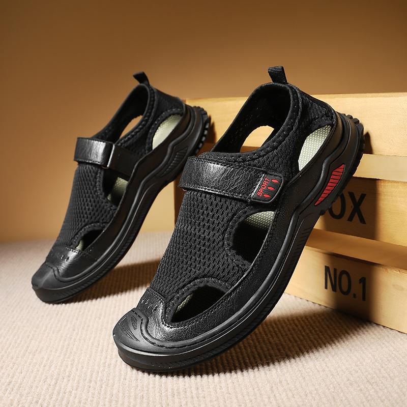 Fashion Fashion Men Mesh Training Shoes Comfort Walk Leather Sneakers 2025 Summer Hollow Breathable Flat-bottom Outdoor Leather Sandals