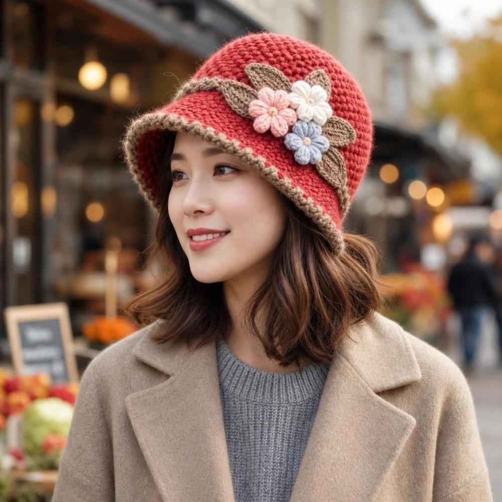 Plush Knitted Bucket Hat Warm Floral Crochet Hat Fashionable Yarn Cloche Hat Winter