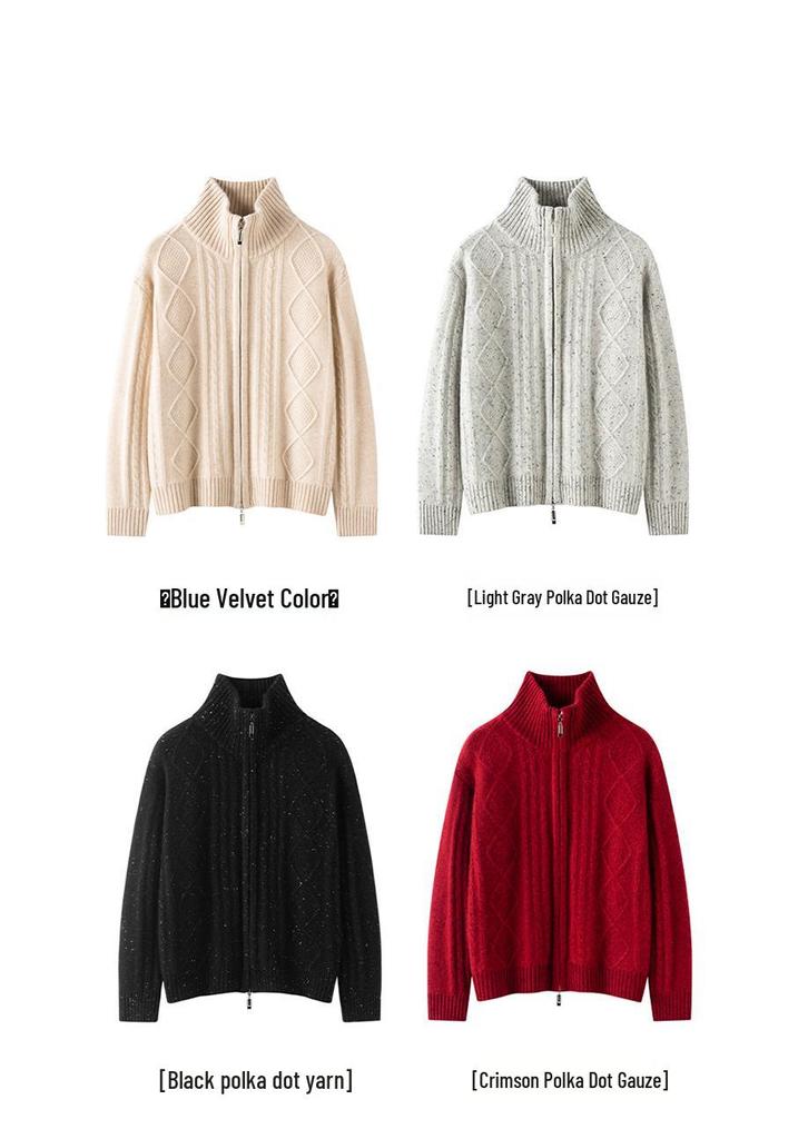 2025 Autumn/Winter Women's Diamond Pattern Cashmere Cardigan - Gentle Style Short Zipper Jacket