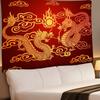 Traditional Chinese Dragon Tapestry, Double Dragons Chasing the Sun with Clouds Wall Hanging for Aesthetic Room Decor