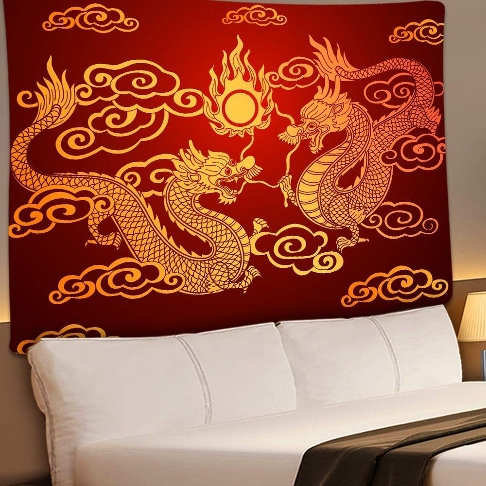 Traditional Chinese Dragon Tapestry, Double Dragons Chasing the Sun with Clouds Wall Hanging for Aesthetic Room Decor