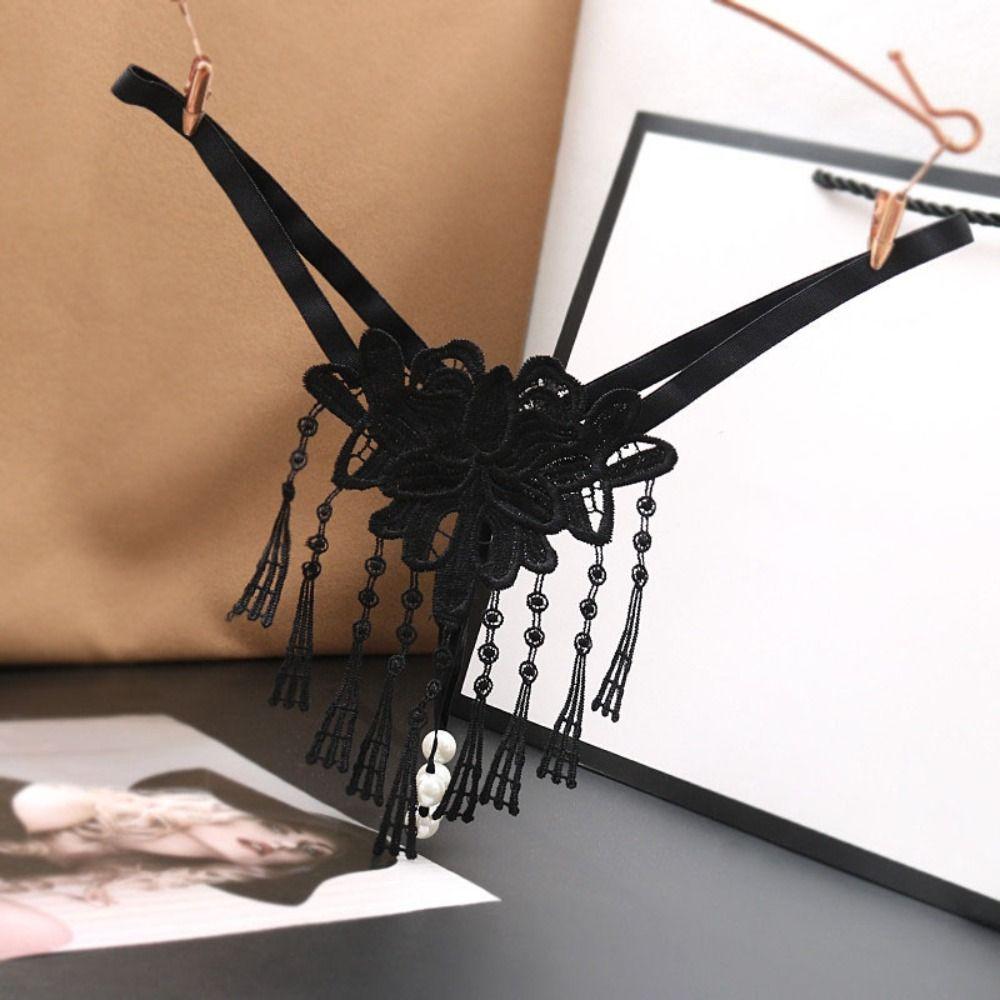 Tassel Lace Flower Panties Pearl Transparent T-Pants Cute Mesh Thongs  Women