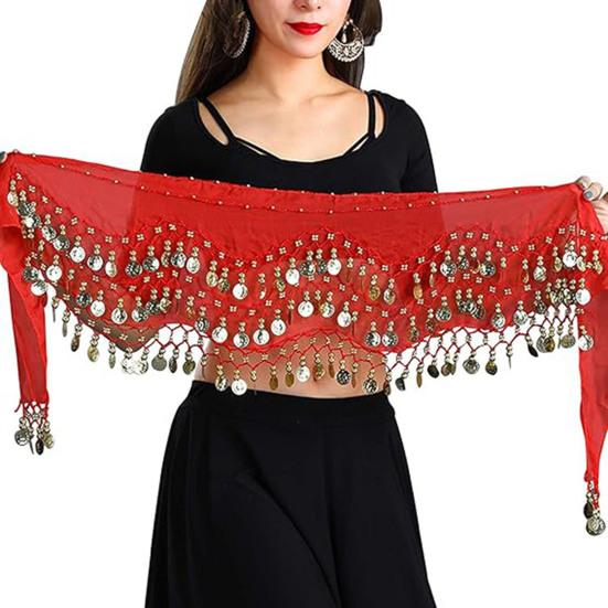 Belly Dance Hip Scarf Women Waist Scarf Belly Dance Skirt with 98 Golden Coins Knot Tying Hip Wrap for Dance Training Performance Beach Wear