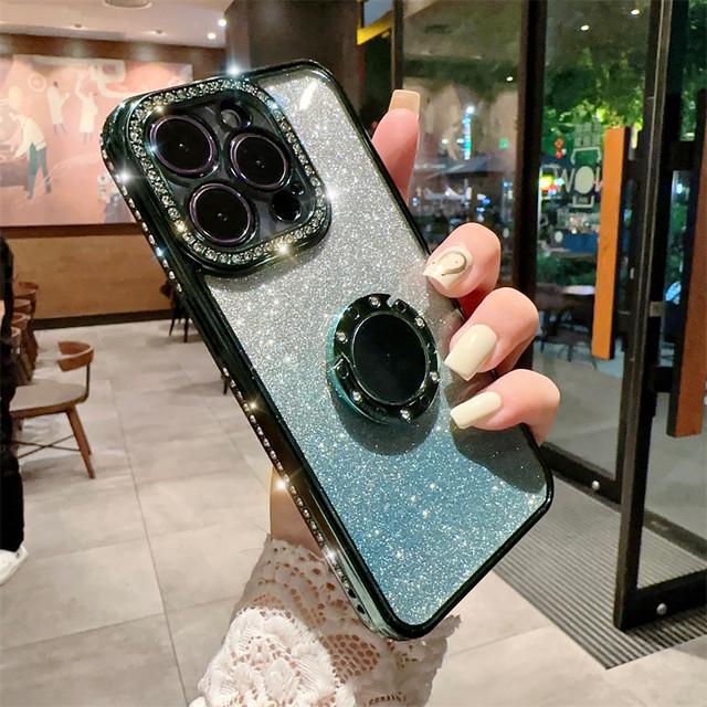 Gradient Glitter Ring Holder Phone Case For Iphone 14 13 12 11 Pro Max Xs Max Xr 14plus Shining Plating Cover Shockproof Clear
