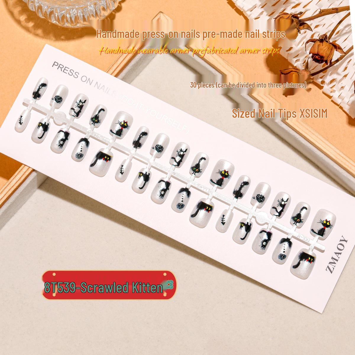 

Cursive Kitten Nail Patches: Super Short Black Frizzy Cat Eye Design (30 Pieces) M