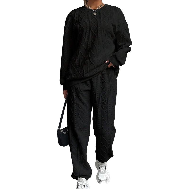 Women's Crew Neck Cable Knit Textured Long Sleeve Sweatshirt & Jogger Pants 2 Piece Loungewear Tracksuit Set