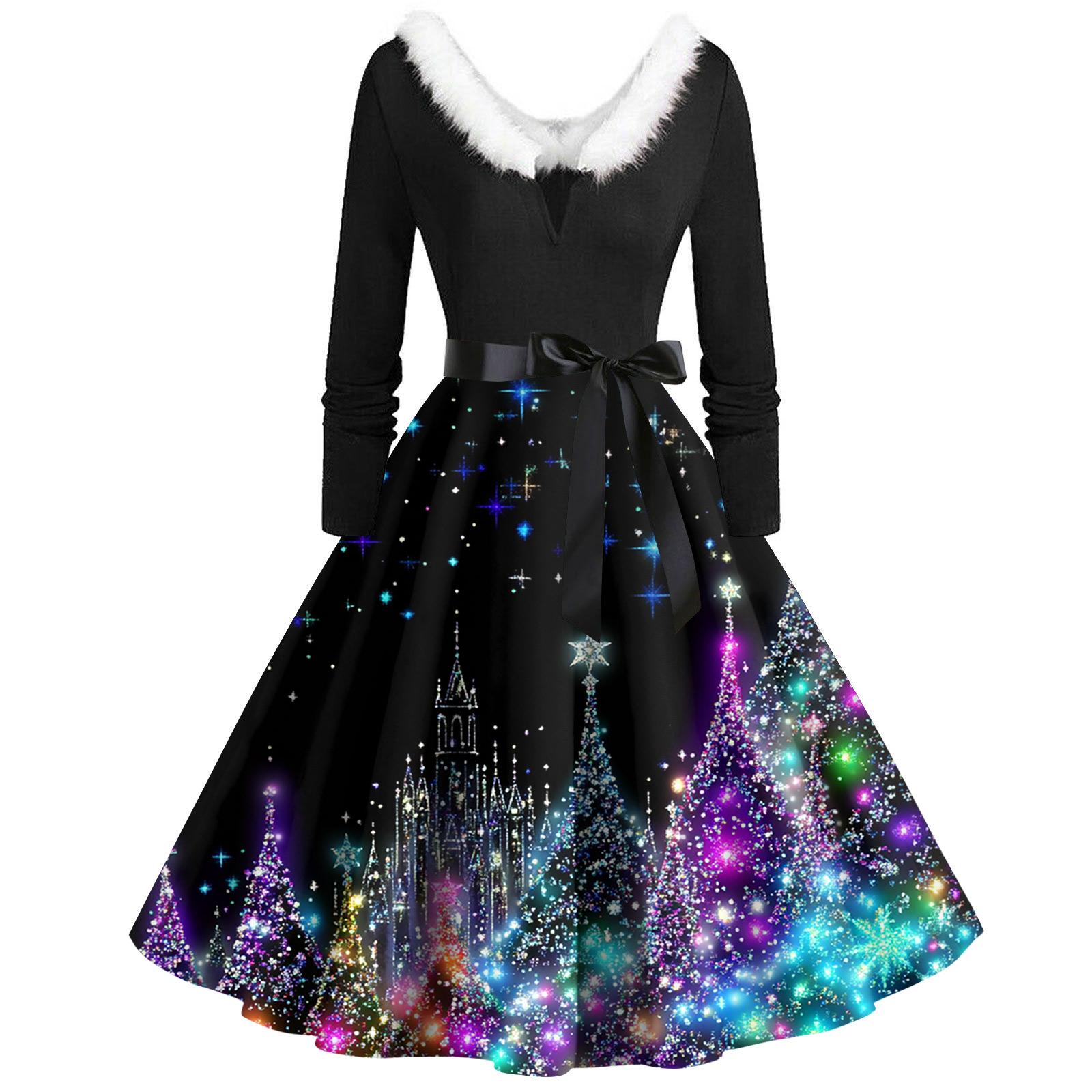 

Christmas Print Flare Dress For Women Long Sleeve Dress Hollow Party Casual Dresses XXXL Темно-синій