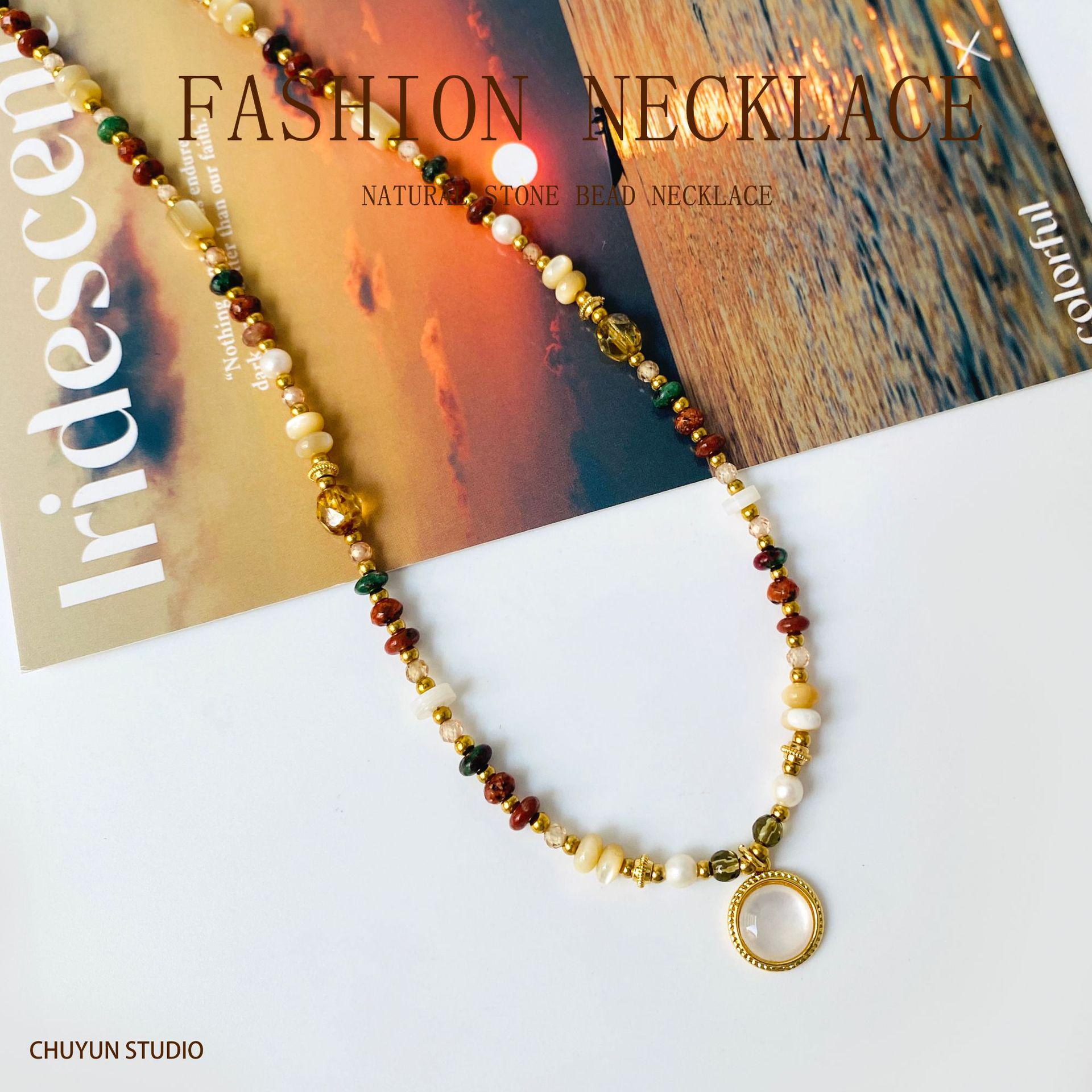 

Bohemian Lychee Color Abacus Bead Stone & Pearl Clavicle Necklace Vintage